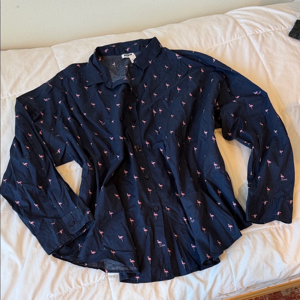 Navy Button-Up Sleep Shirt with Pink Flamingo Print